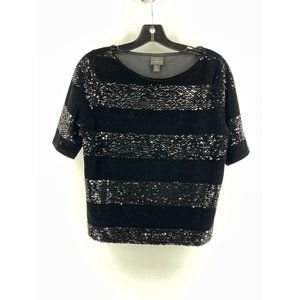 Worthington Short Sleeve Black Velour Sequins Top Shirt Size Small Striped